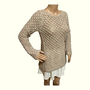 Berretti Italy Open Knit Sweater M Ivory Gold Shimmer Chunky Loose Crochet Y2K